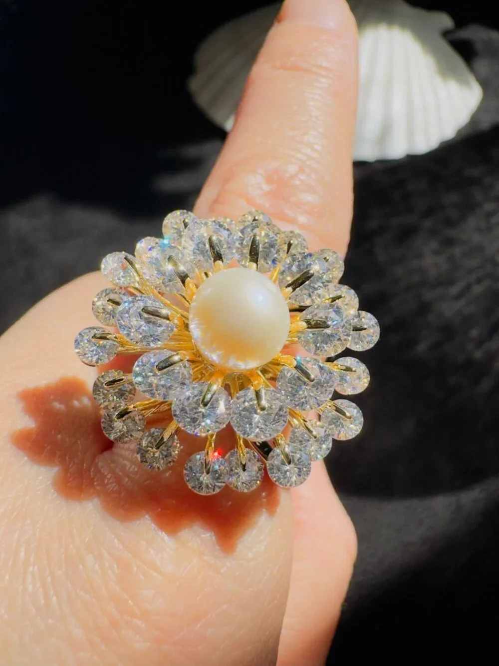 Sparkling CZ Flower Scarf Ring Pearl Center 2-in-1